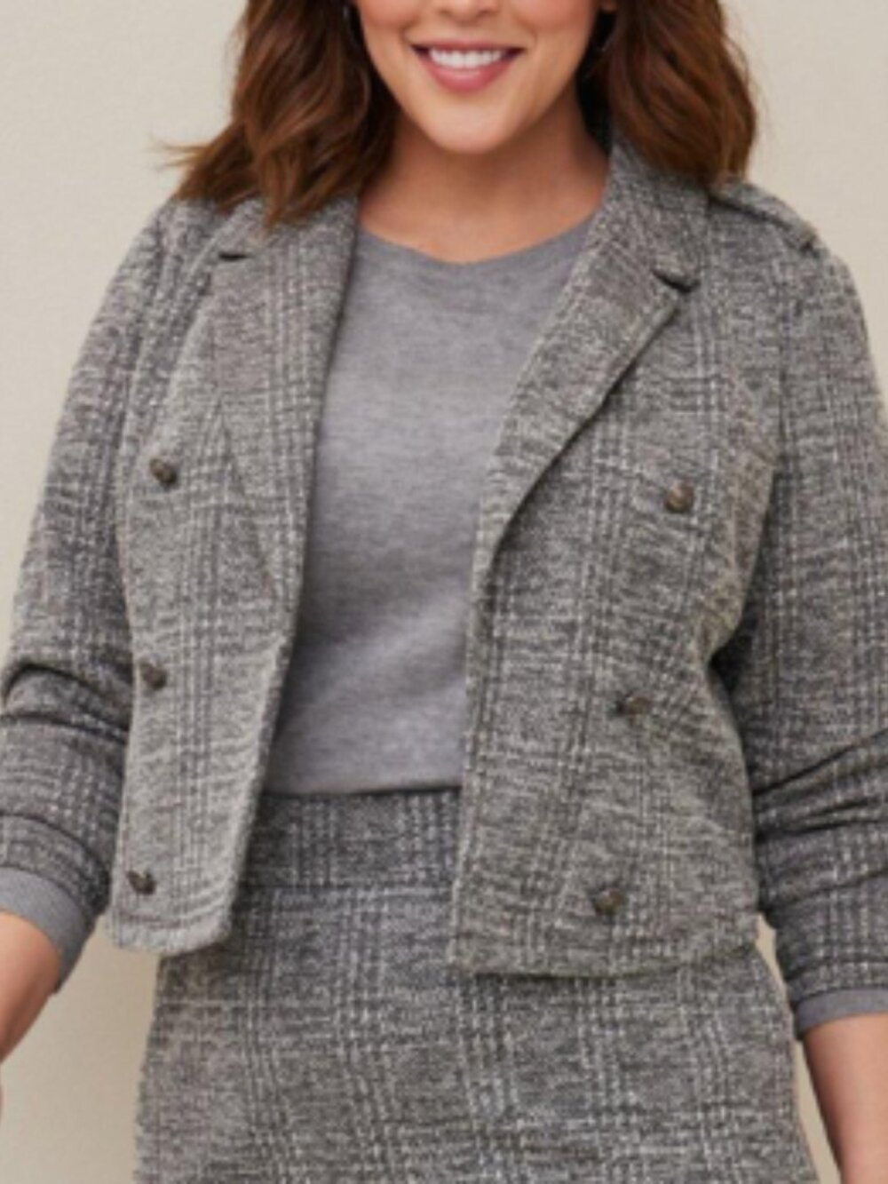 Torrid Studio Crop Military Jacket 3X Gray Plaid Double Textured Knit Cropped